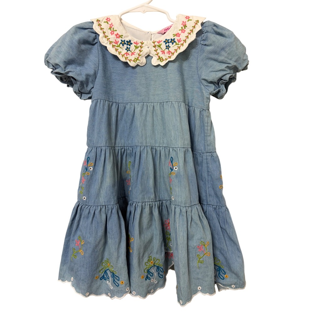 R&B Girls Blue Chambray Tiered Floral Embroidered Peter Pan Collar Dress 7-8 YRS